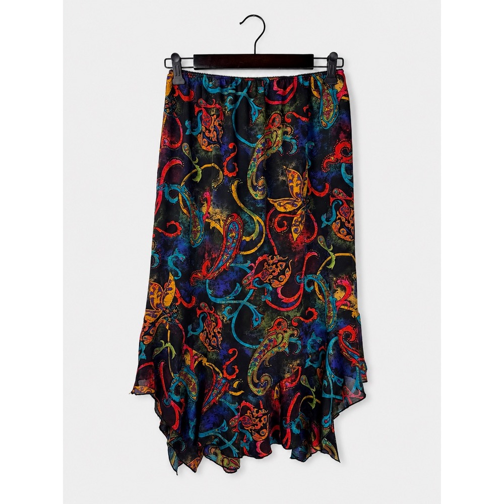 Vintage Chico's Design Silk Paisley Asymmetrical Handkerchief Hem Skirt Med